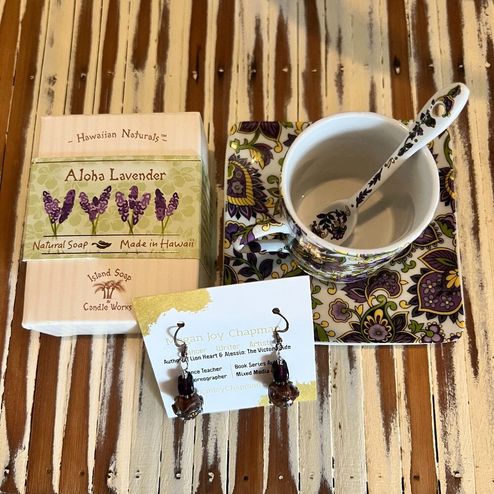 NWT Natural Lavender Soap, Espresso Cup and Saucer, Purple/Sterling Earrings